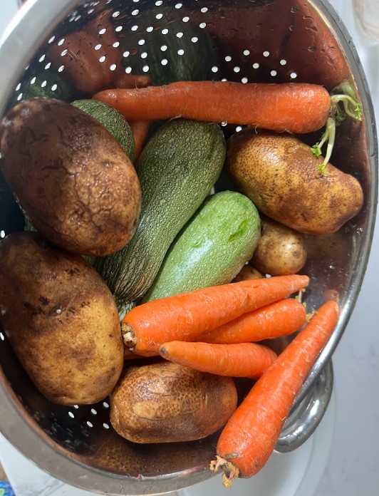 A bowl of vegetables that are dog friendly: carrots, squash, potatoes.